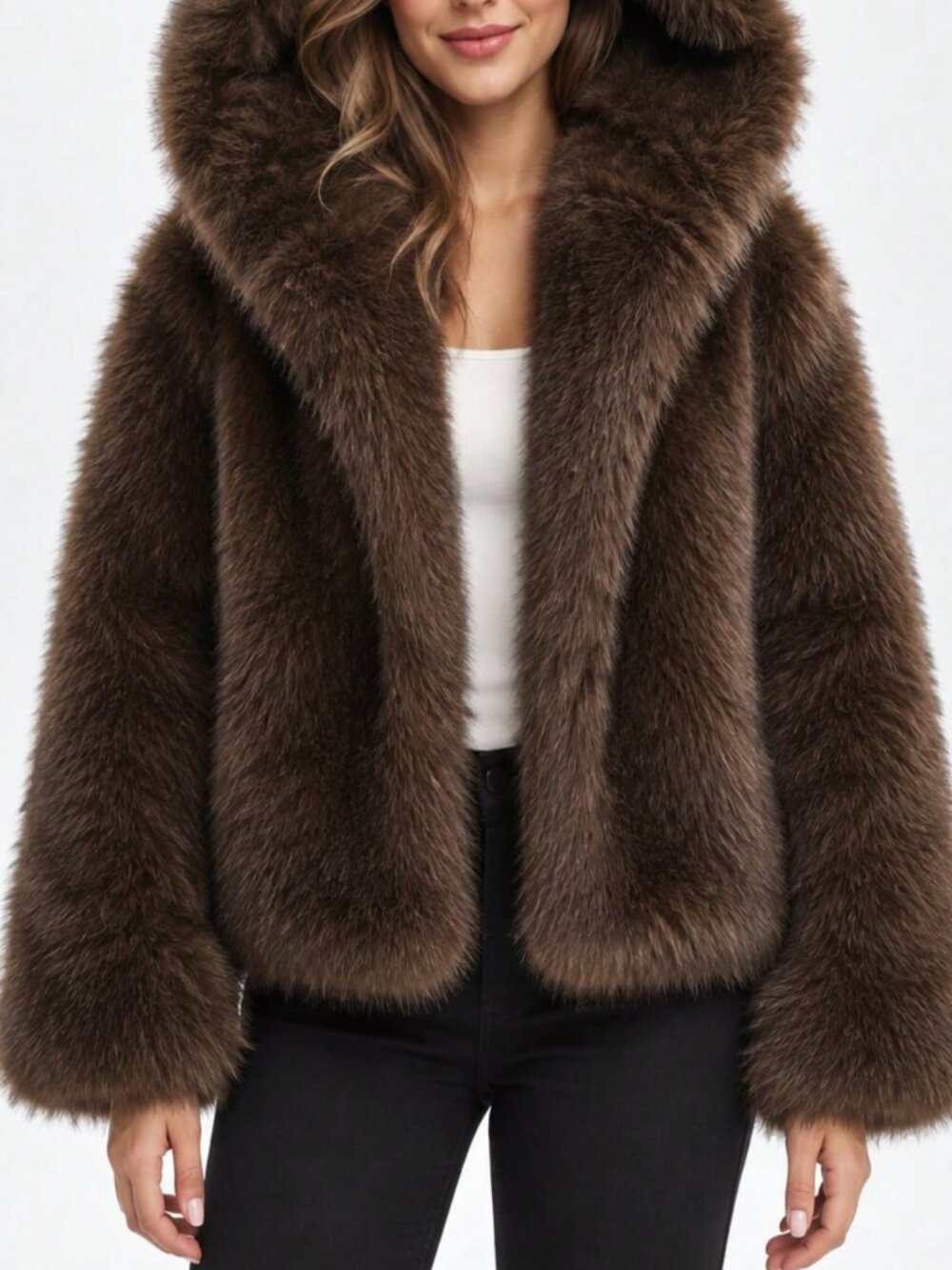 Coffee Brown Party Women's Faux Fur Hooded Short Coat - Picture 2 of 5